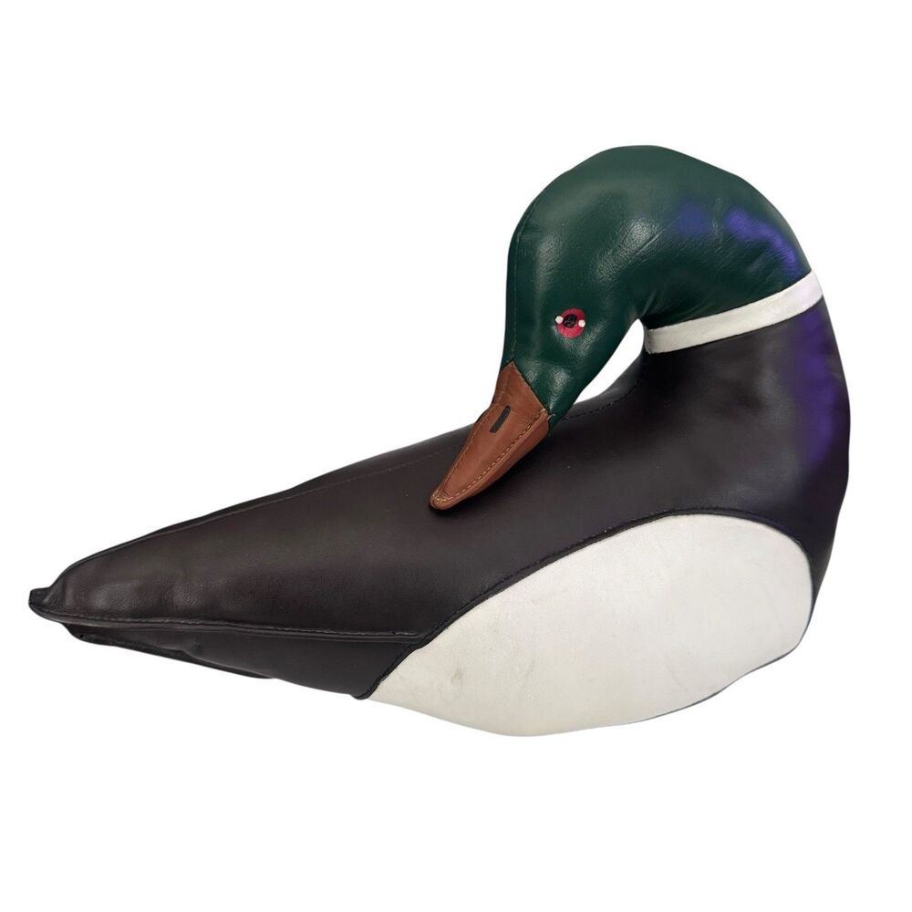 Vintage Mid Century Leather Mallard Duck Sculpture Oversized Figurine Decoy 13”